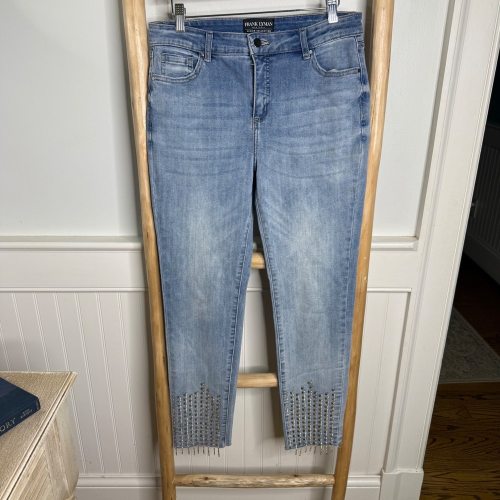 Frank Lyman Montreal Rhinestone Fringe Hem Jeans Light Wash Blue Women Size 10